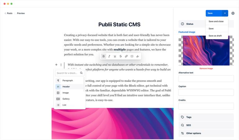Screenshot Publii Block Editor