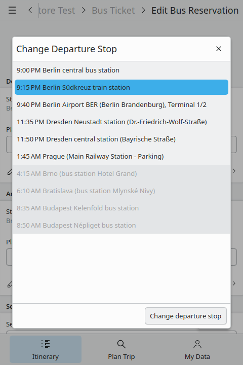 Änderung der Abfahrtshaltestelle für eine Busfahrt.
