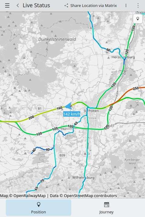 Die Live-Karte von KDE Itinerary verwendet OpenRailwayMap.