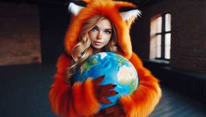 Girl dressed as Firefox hugging the world made of a rubber ball