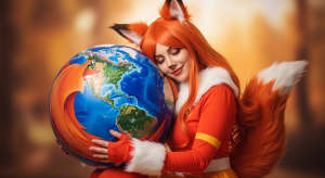Woman dressed as Firefox hugging the world made of a rubber ball