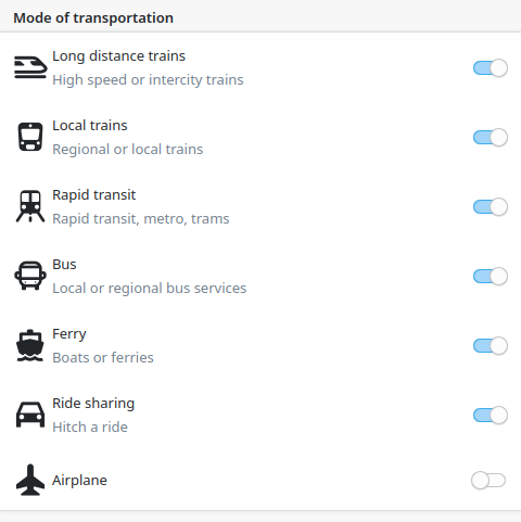 Filteroptionen für Verkehrsmittel