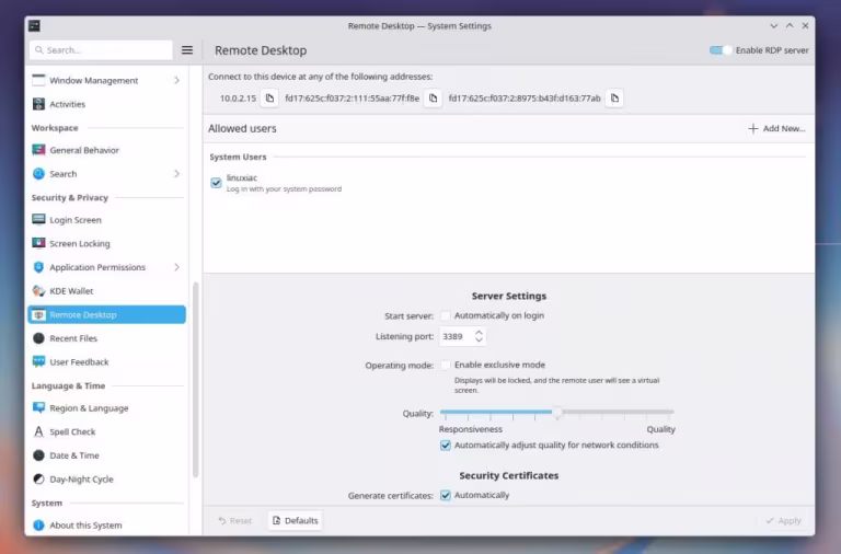 Plasma 6.8 – Einstellungen für den Remote-Desktop