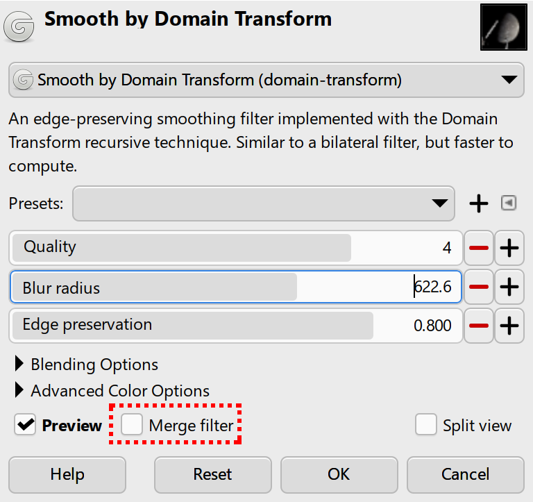 Example of Filter with “Merge Filter” checkbox - GIMP 3.0 RC1