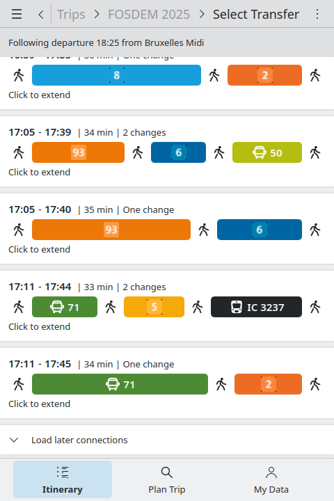  Screenshot of Itinerary showing multiple possible public transport connections. Itinerary's new journey search result view.