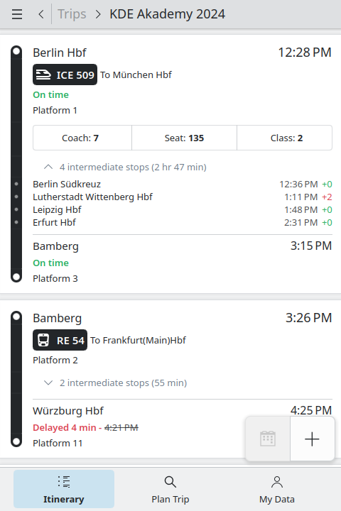 Itinerary's new timeline look for train tickets.