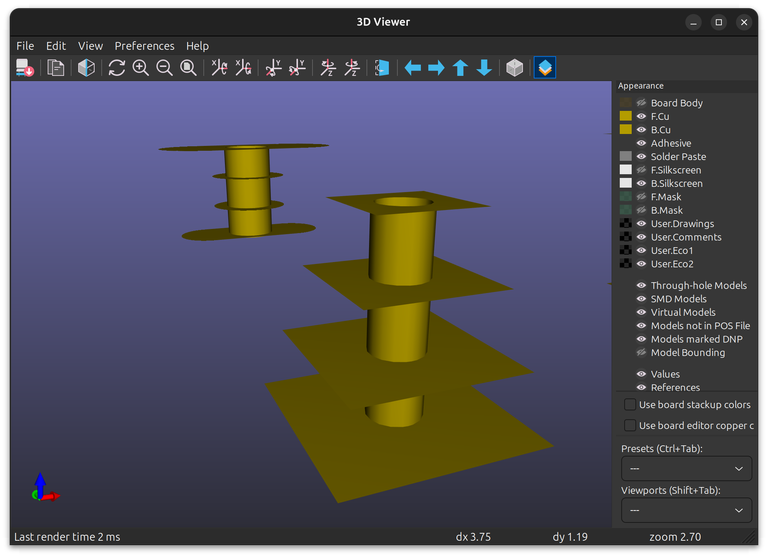 Figure 23. Custom pad stacks in 3D viewer
